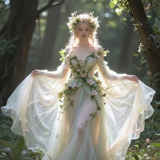 Photograph of a fair-skinned, blonde woman in a luminous, ethereal forest. She wears a flower crown, vines, and a translucent