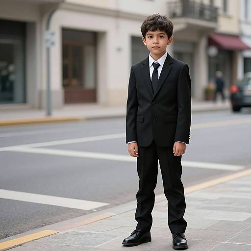 Boy in Black Suit on Street