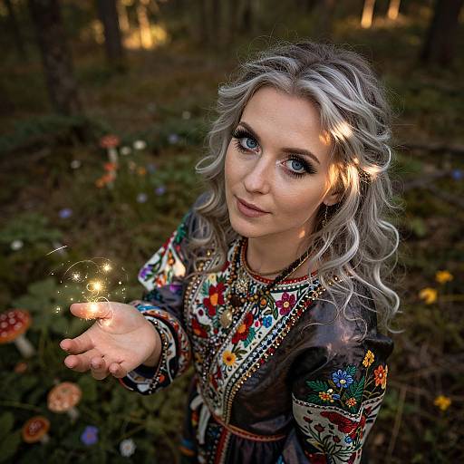 Photograph of a woman with silver hair, blue eyes, and floral embroidered dress, holding a sparkler in a magical forest.