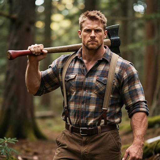 Stocky Muscular Lumberjack in Forest