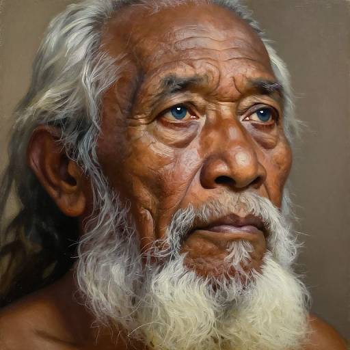 Photorealistic portrait of an elderly Indian man with deep brown skin, white curly hair, and long white beard, gazing thoughtfully.