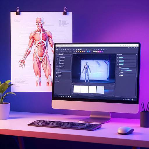 Photograph of a lit-up desk with an Apple iMac displaying graphic design software, a clipped anatomical poster, and a purple-blue ambient light.