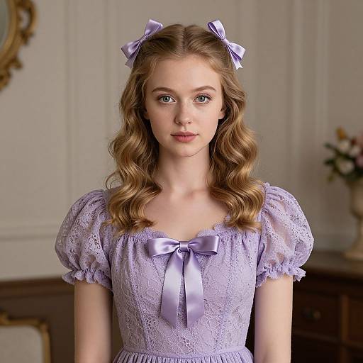 Photograph of a young Caucasian girl with wavy blonde hair, wearing a lavender lace dress with puffed sleeves and matching bows, standing in an elegant
