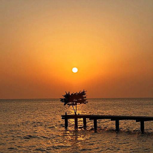 Photograph of a serene sunset over a calm ocean, with a silhouetted wooden pier and small tree in the foreground.