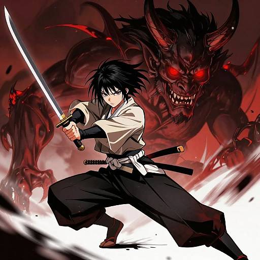 Samurai Girl Battling Menacing Demon
