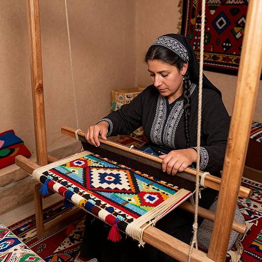 Photograph of a woman with dark hair in a black and white patterned headband, weaving colorful geometric patterns on a traditional loom in a warmly