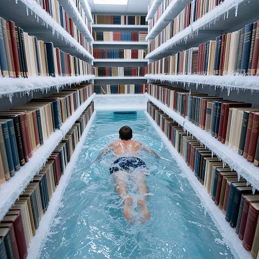 Photograph of a man in blue swim trunks swimming in a narrow, icy bookshelf aisle with illuminated shelves and books.