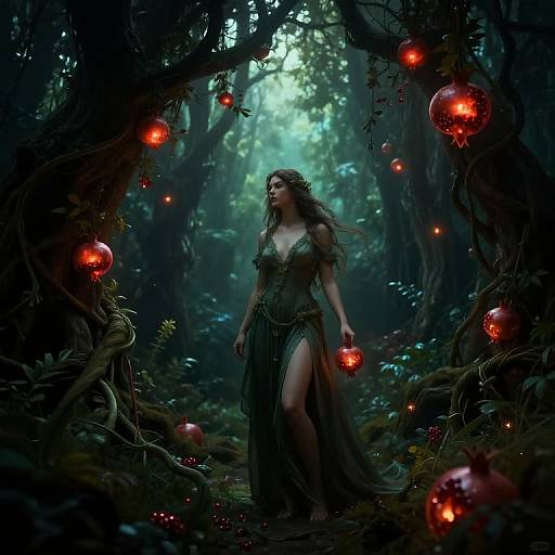 Digital fantasy art: Enchantress with flowing brown hair in a green, revealing gown holds a red glowing orb in a dark, mystical forest illuminated by