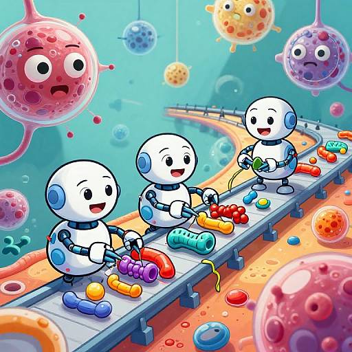 Cheerful Robot Ribosomes Assembling Proteins