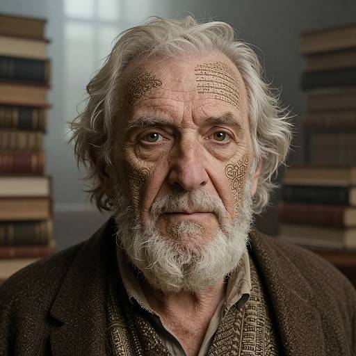 Photograph of an elderly man with white hair and beard, adorned with ancient text patterns on his forehead and face, standing in a library with stacked books