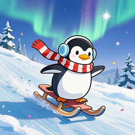 Jolly Penguin Sledding in Winter Wonderland