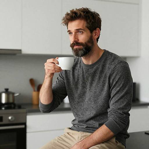 Photograph of a bearded, brown-haired man in a gray sweater, sitting in a modern white kitchen, sipping from a white mug.