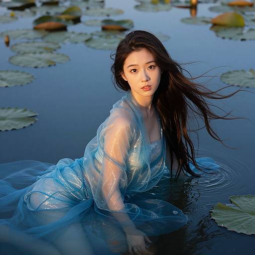 Photograph of an Asian woman with long black hair, wearing a translucent blue dress, kneeling in a serene pond with lily pads, illuminated by soft