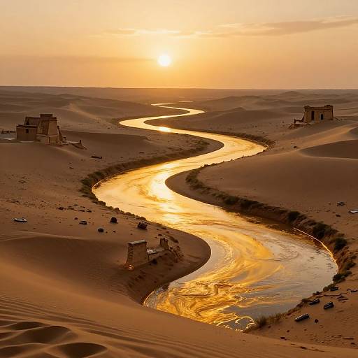 Photograph of a golden sunset over a winding river cutting through arid desert dunes, with ancient, rectangular stone structures scattered on both sides.