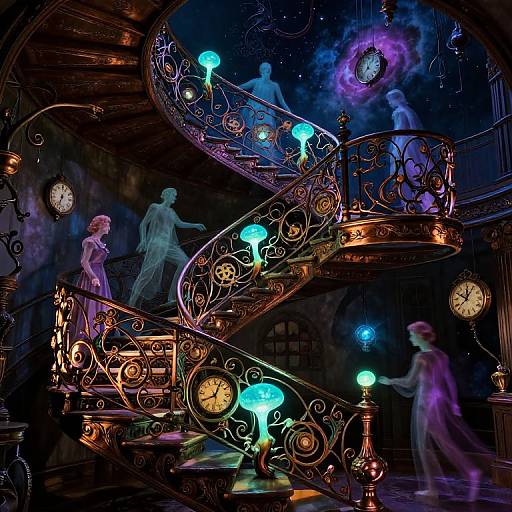Fantastical, steampunk-style interior with glowing blue orbs, ornate brass spiral staircase, clock, and ethereal, translucent figures in flowing