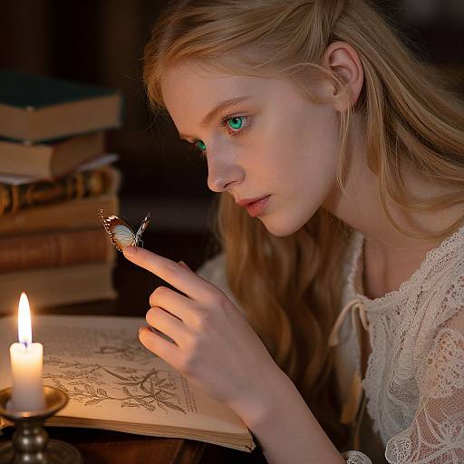 Photograph of a blonde, fair-skinned young woman with green eyes, holding a butterfly near an open sketchbook, illuminated by candlelight, surrounded