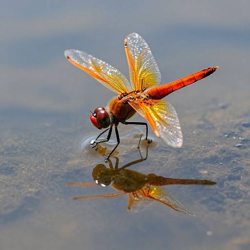Photograph of a vibrant red dragonfly with translucent, sparkling wings, standing on a reflective, wet surface, casting a mirror image.