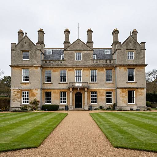 Photograph of a grand, symmetrical, stone Georgian mansion with slate roof, central arched entrance, large windows, and manicured lawn with gravel