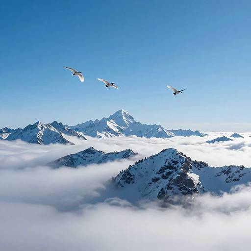 Photograph of snow-capped mountain peaks partially shrouded in clouds, with three white birds flying in clear blue sky.