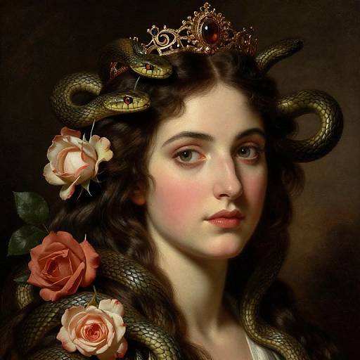 Digital painting of a fair-skinned woman with dark curly hair, wearing a gold crown with snakes, and roses in her hair. Dark background. Fantasy