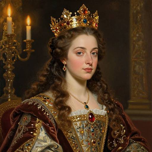 Photorealistic portrait of a fair-skinned, brown-haired queen with a golden crown, adorned in ornate, jeweled royal attire, with a