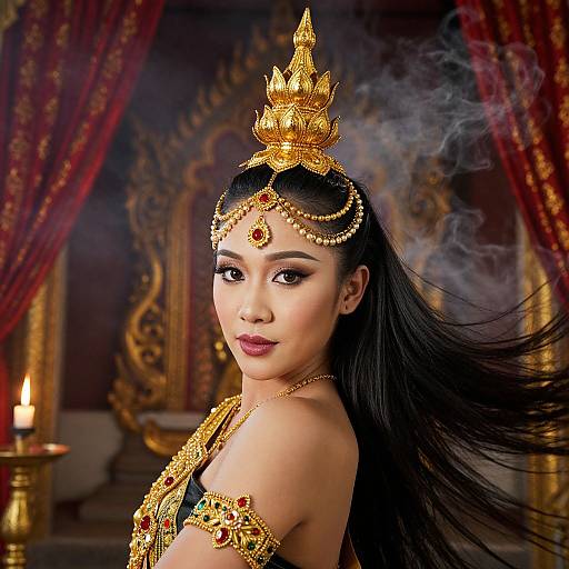 Photograph of an Asian woman with long black hair, wearing a gold crown and elaborate jewelry, against a richly decorated, smoke-filled background with red