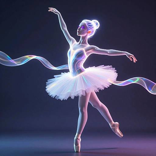Glowing neon ballet dancer in a white tutu, poised on pointe, with iridescent ribbons flowing against a dark background. Digital