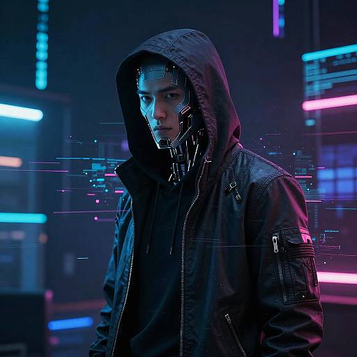 Cyberpunk-style photograph of a man with glowing blue face tech, wearing a dark hooded jacket, illuminated by neon blue and pink lights in a