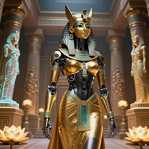 Digital artwork of a golden, robotic Egyptian goddess with black accents, striped headdress, and turquoise adornments, standing in a grand, lit temple with