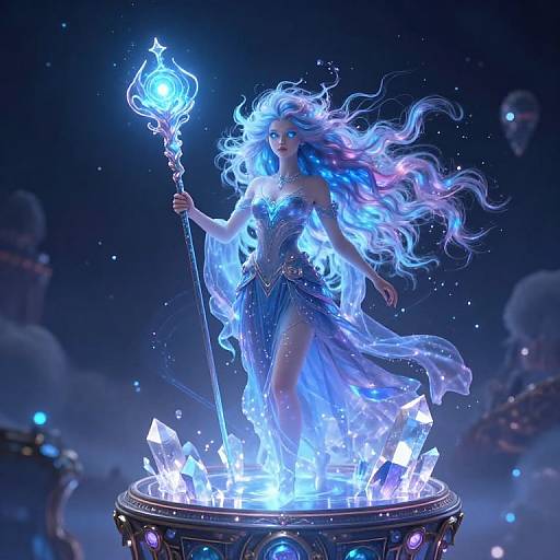 Digital artwork of a blue-haired, ethereal sorceress with glowing blue eyes, wearing a flowing, translucent dress, standing on a crystal-enc
