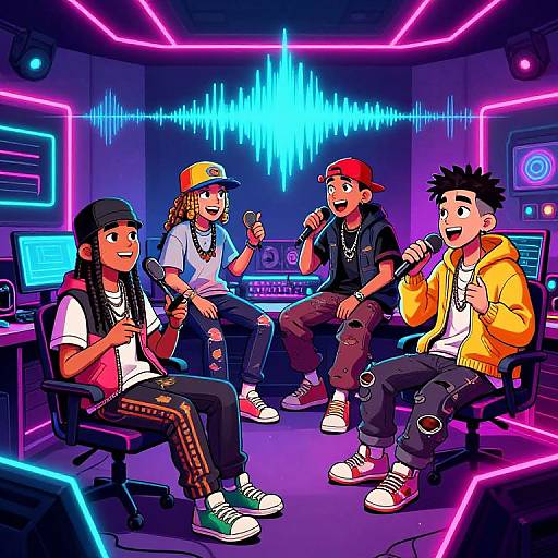 Vibrant digital illustration of four young men in a neon-lit recording studio, wearing colorful hats and clothes, enthusiastically discussing with microphones.