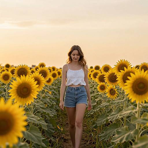 Photograph of a smiling young woman with wavy brown hair, wearing a white tank top and denim shorts, walking through a vibrant sunflower field at