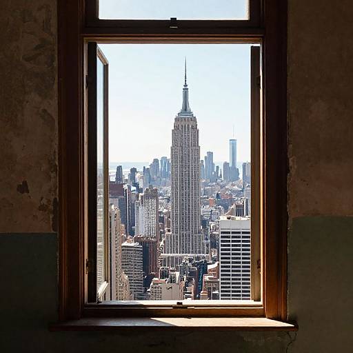 Photograph of New York City skyline viewed through a rectangular, sunlit window with worn, dark brown frames, highlighting the Empire State Building.