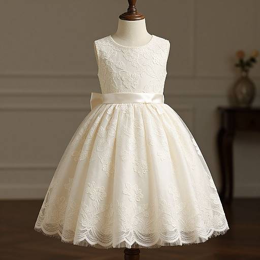 Photograph of a white lace sleeveless dress with a satin waistband, displayed on a dress form in a softly lit room.