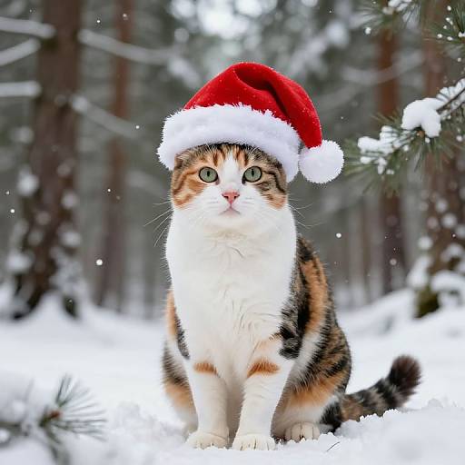 Photograph of a calico cat with green eyes wearing a red Santa hat, standing in a snowy forest with pine trees.