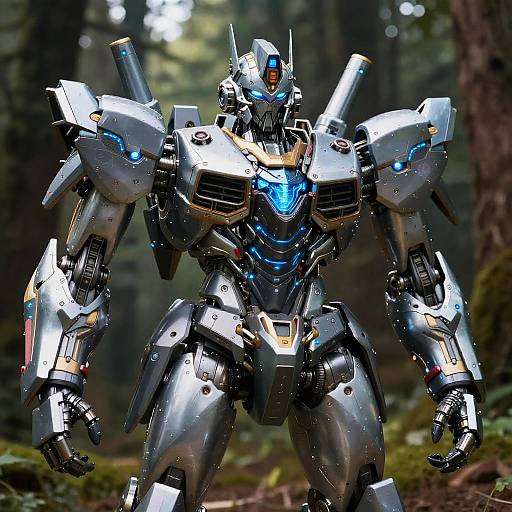 Photorealistic CGI of a silver and blue, armor-plated robot with glowing blue eyes and chest, standing in a forest.