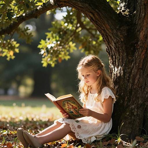 Blond Girl Reading Under Oak Tree