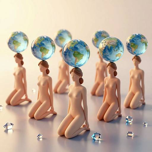 Photograph of six nude, kneeling female figurines with small, glowing globes balanced on their heads, surrounded by scattered crystals on a white background.