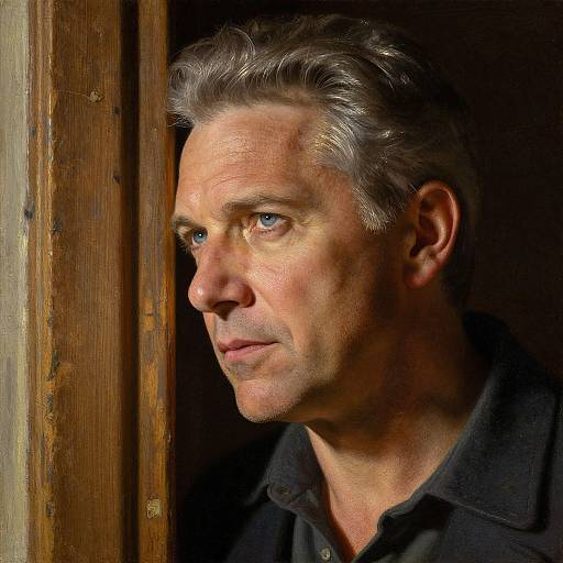 Photorealistic digital painting of a middle-aged man with silver hair, blue eyes, and a contemplative expression, standing in a dimly lit wooden