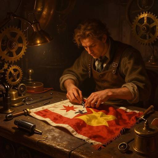 A dimly-lit, steampunk-style workshop where a focused man with curly hair meticulously sews a vibrant red and yellow fabric, surrounded by