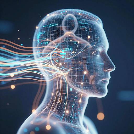 Digital CGI image of a glowing, wireframe human head in profile with blue and white neon lines, set against a dark blue background.