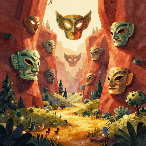 Fantastical digital painting of a sunlit, red-rock canyon adorned with large, colorful, tribal masks, surrounded by lush, yellow grass and pine