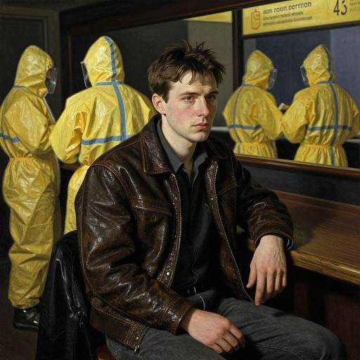 Photograph of a young man with short brown hair, wearing a dark leather jacket and black shirt, sitting in a subway, with three people in yellow