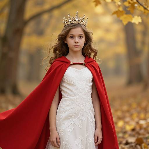 Photograph of a young girl with long brown hair, wearing a white lace dress, red cape, and golden crown, standing in an autumn forest with