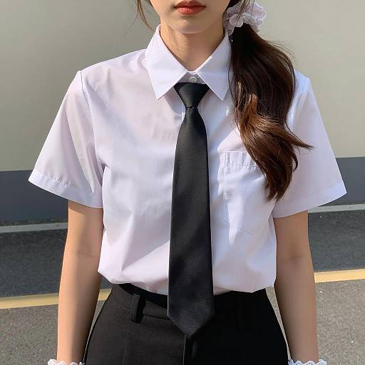 Young Woman in White Shirt and Black Tie