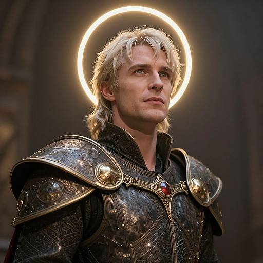 Photograph of a blonde, white male in medieval armor with intricate gold details and a red gem, illuminated by a glowing halo.