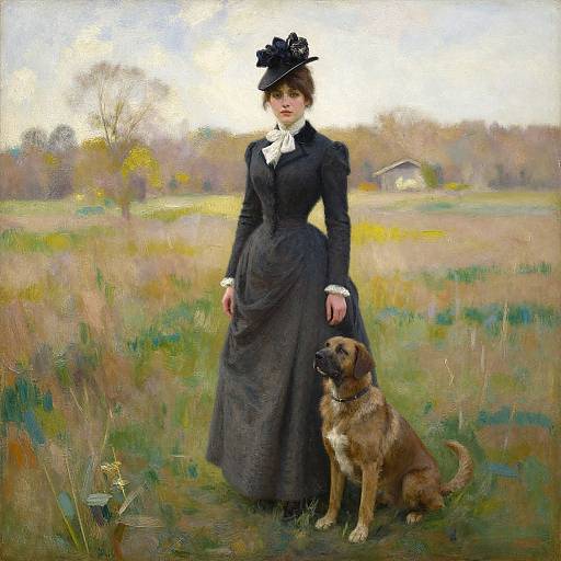 Victorian-style woman in black dress and hat, white ruffled collar, standing with brown dog in grassy field, impressionist painting style.