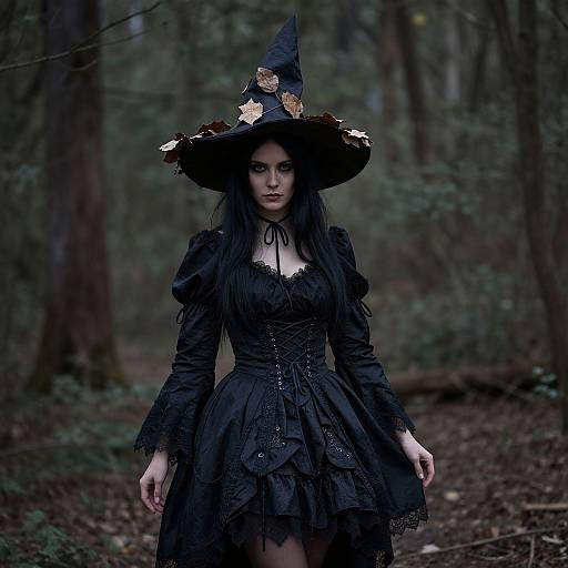Photograph of a dark-haired woman in a black, lace Gothic dress and witch hat adorned with autumn leaves, standing in a misty forest.