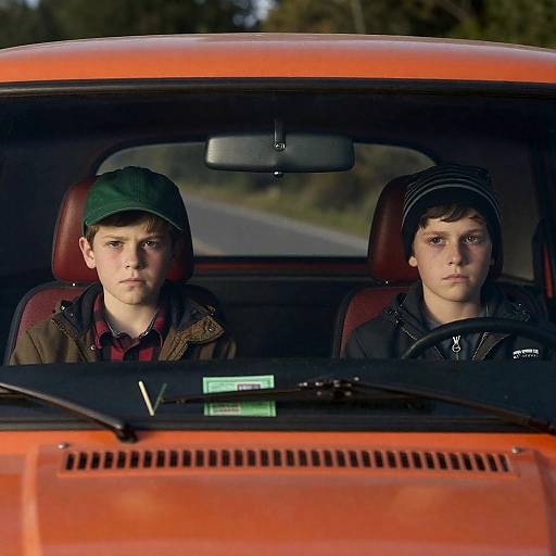 Boys in an Orange Truck in Forest