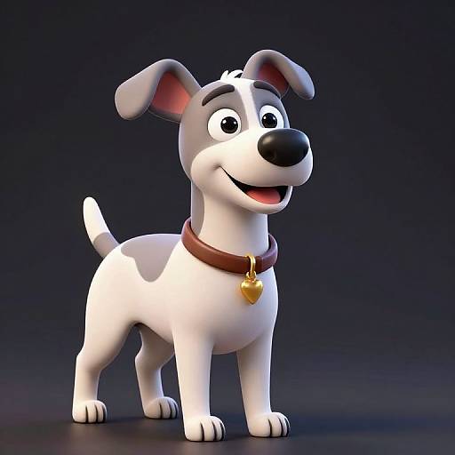 CGI cartoon white dog with black nose, red collar, golden tag, and smiling expression, standing against a dark blue gradient background.